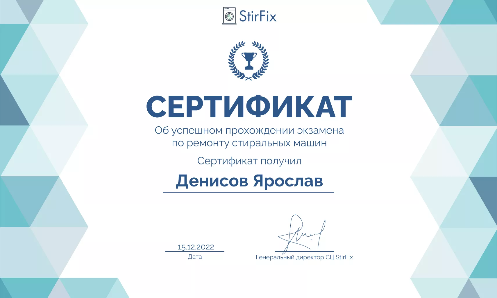 Денисов Ярослав сертификат мастера по ремонту стиральных машин