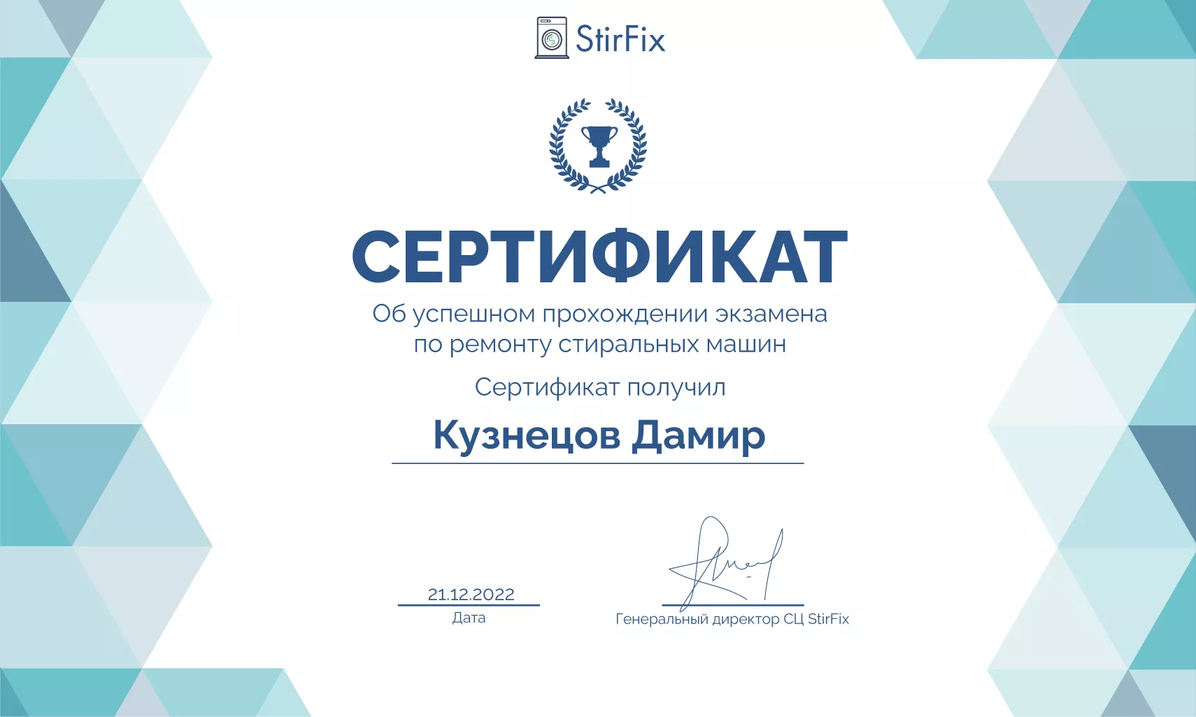 Кузнецов Дамир сертификат мастера по ремонту стиральных машин